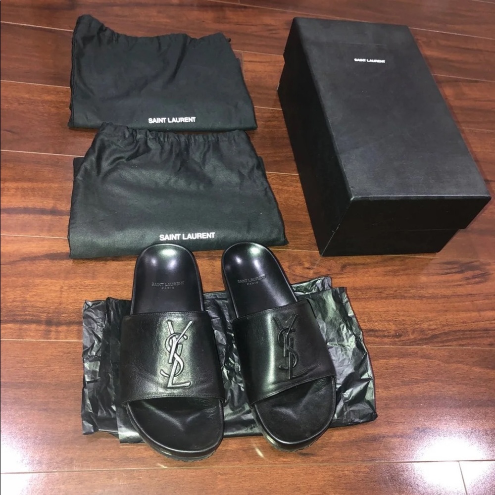 Yves Saint Laurent Black Leather Logo Slide Sandals